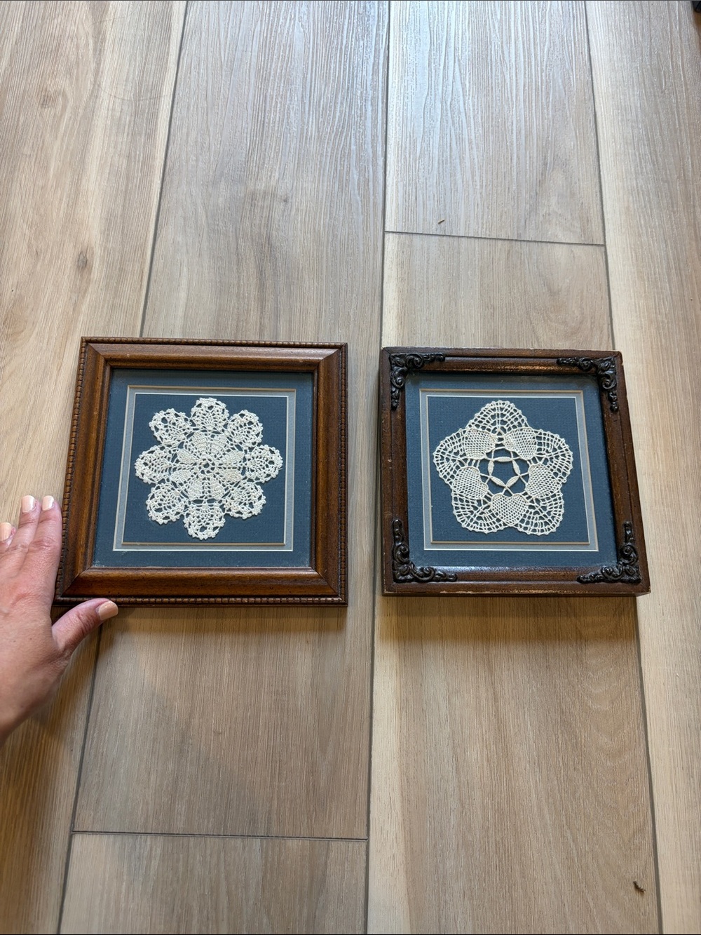 Vintage Framed Crochet Doily Wall Art Pair in Navy and Brown